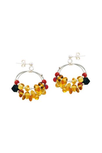Boucles d’oreilles en Onyx,  Corail et Ambre