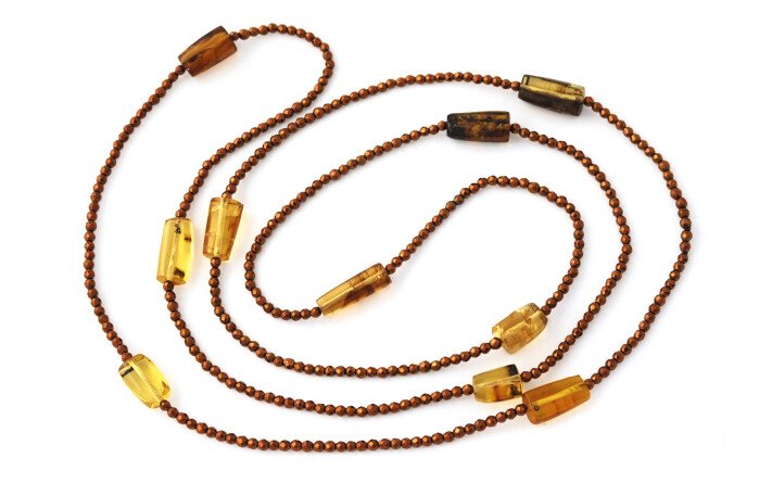 Hematite and Mexican amber double-length necklace